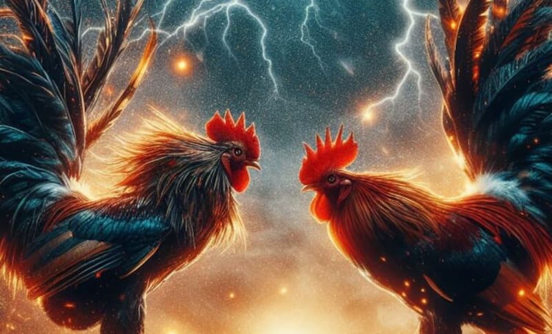 two roosters standing in front of lightning